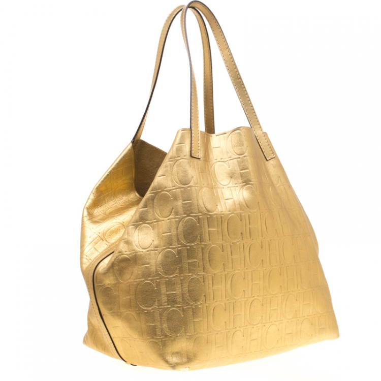 Pre Owned Carolina Herrera Gold Monogram Leather Matryoshka Tote
