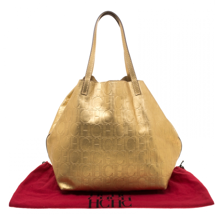 Pre Owned Carolina Herrera Gold Monogram Leather Matryoshka Tote