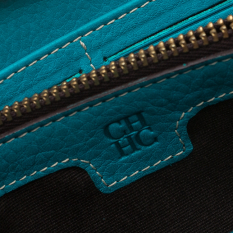 Pre Owned Carolina Herrera Blue Monogram Leather Zip Around Wallet