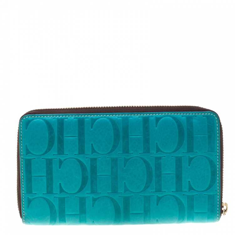 Pre Owned Carolina Herrera Blue Monogram Leather Zip Around Wallet