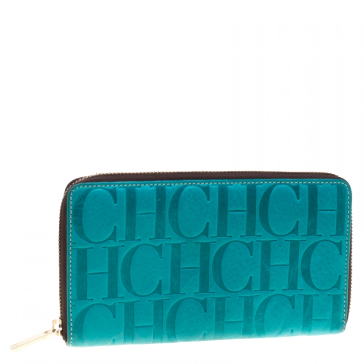 Pre Owned Carolina Herrera Blue Monogram Leather Zip Around Wallet