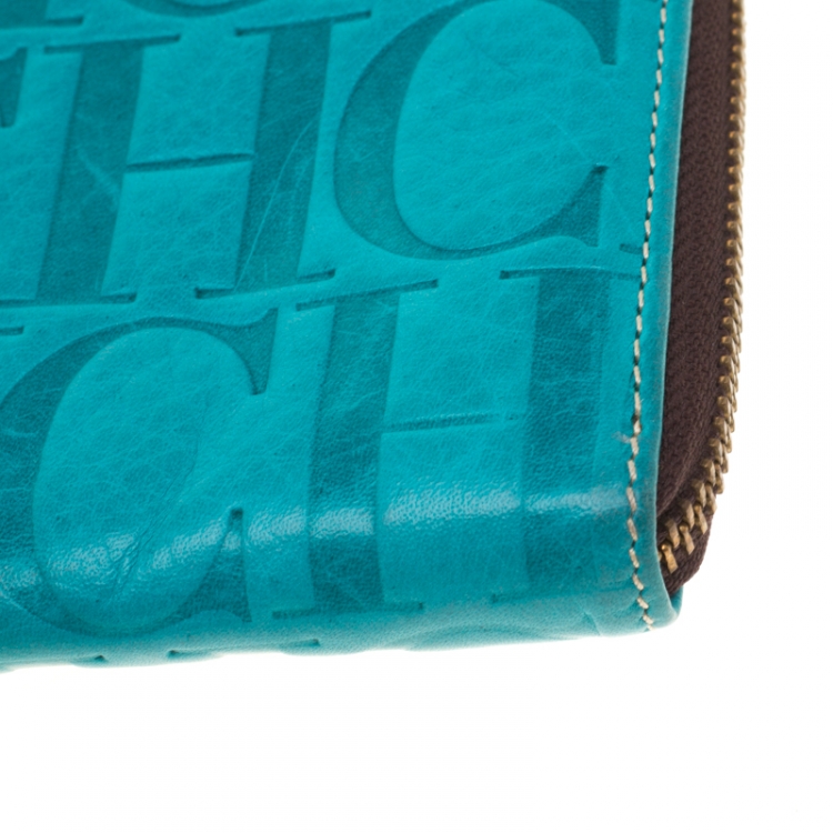Pre Owned Carolina Herrera Blue Monogram Leather Zip Around Wallet