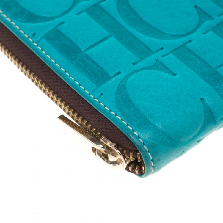 Pre Owned Carolina Herrera Blue Monogram Leather Zip Around Wallet