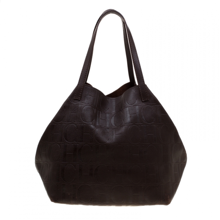 Pre Owned Carolina Herrera Brown Monogram Leather Matryoshka Tote