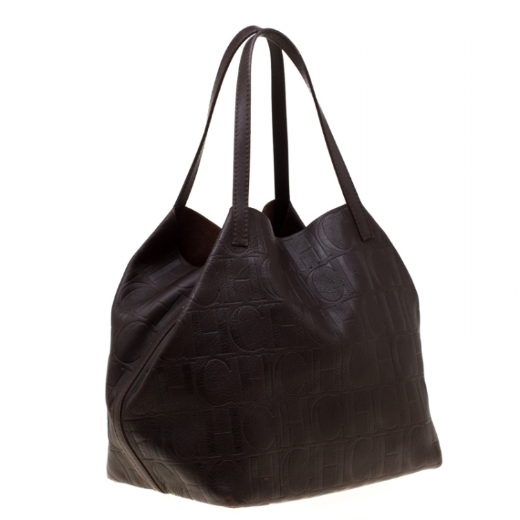 Pre Owned Carolina Herrera Brown Monogram Leather Matryoshka Tote