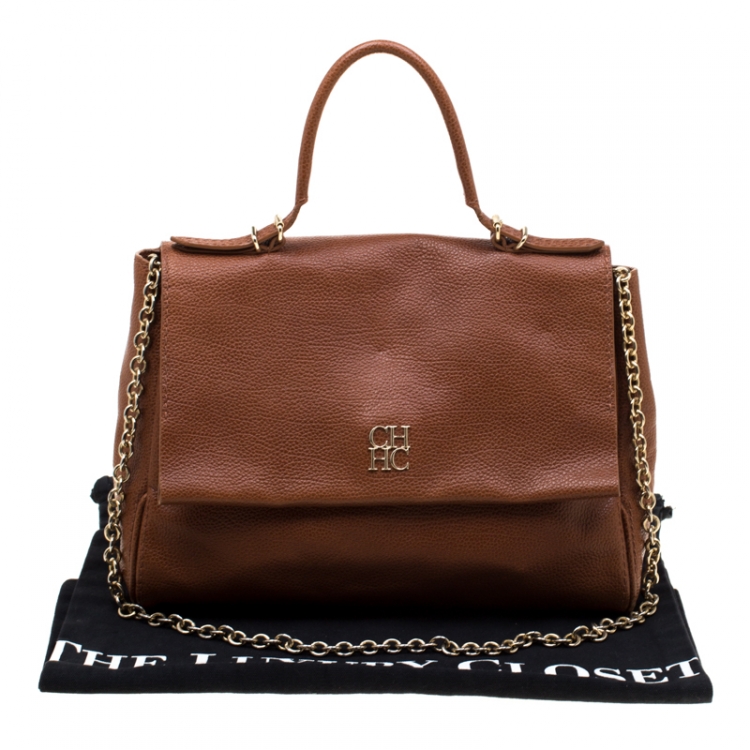 Pre Owned Carolina Herrera Brown Leather Minuetto Top Handle Flap Shoulder Bag