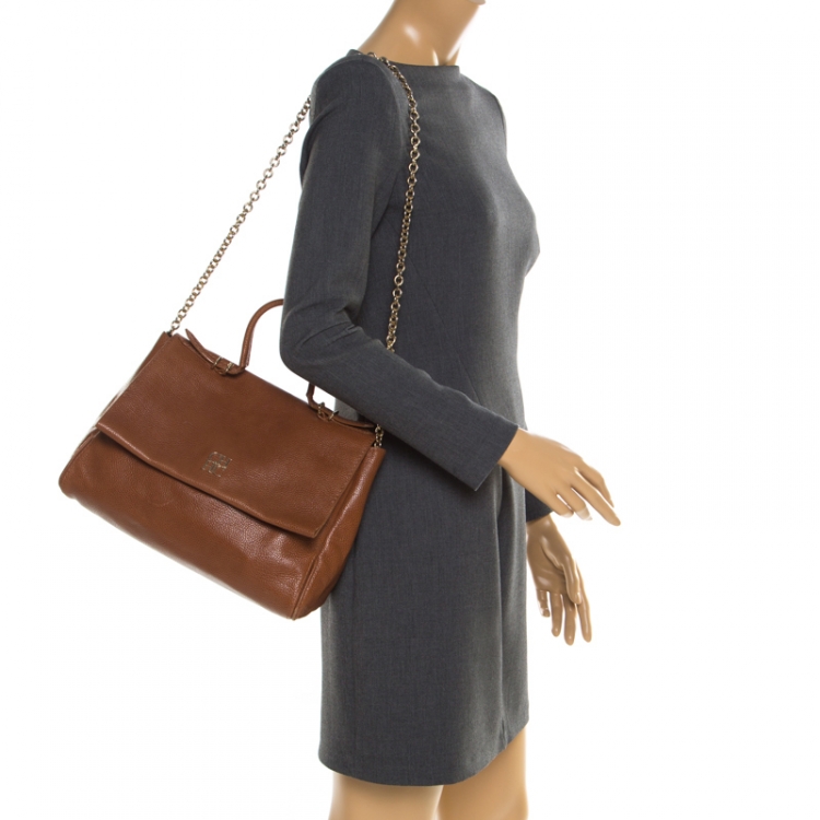 Pre Owned Carolina Herrera Brown Leather Minuetto Top Handle Flap Shoulder Bag