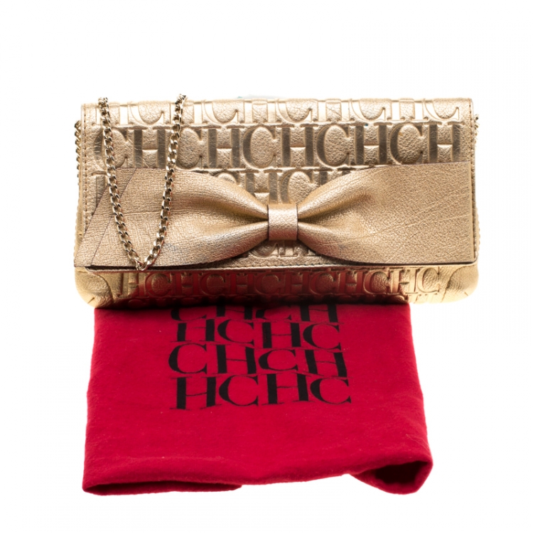 مملوكة مسبقًا Carolina Herrera Gold Monogram Leather Bow Bag