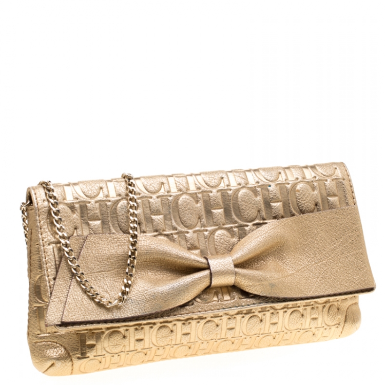 مملوكة مسبقًا Carolina Herrera Gold Monogram Leather Bow Bag