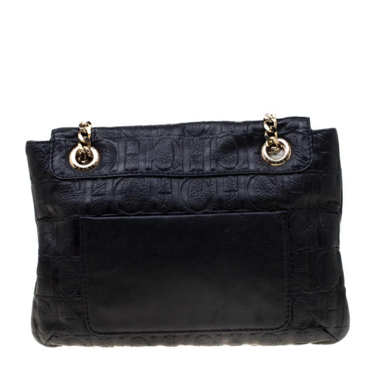 Pre Owned Carolina Herrera Deep Navy Blue Monogram Leather Audrey Shoulder Bag