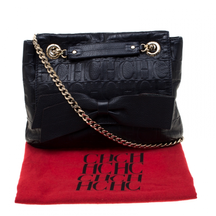 Pre Owned Carolina Herrera Deep Navy Blue Monogram Leather Audrey Shoulder Bag