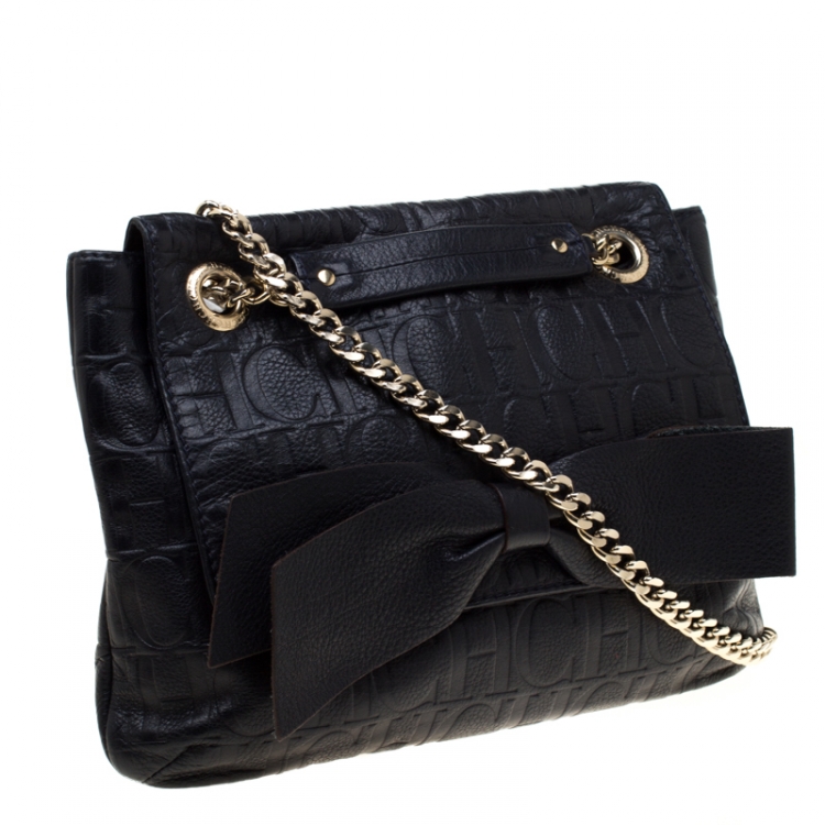 Pre Owned Carolina Herrera Deep Navy Blue Monogram Leather Audrey Shoulder Bag