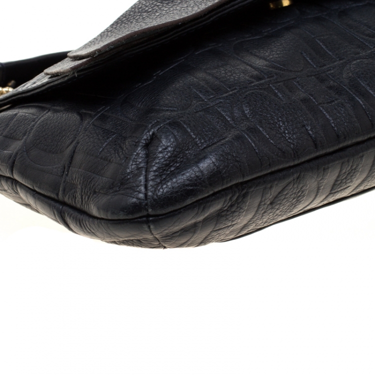 Pre Owned Carolina Herrera Deep Navy Blue Monogram Leather Audrey Shoulder Bag