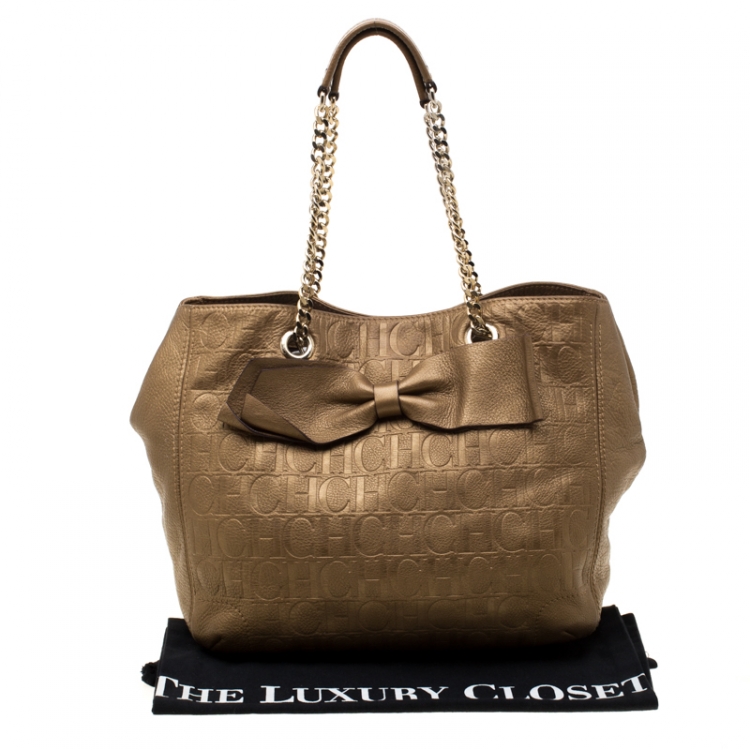 Pre Owned Carolina Herrera Gold Monogram Leather Audrey Tote