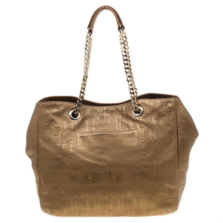 Pre Owned Carolina Herrera Gold Monogram Leather Audrey Tote