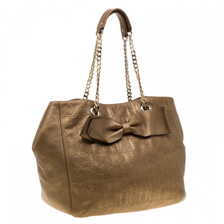 Pre Owned Carolina Herrera Gold Monogram Leather Audrey Tote