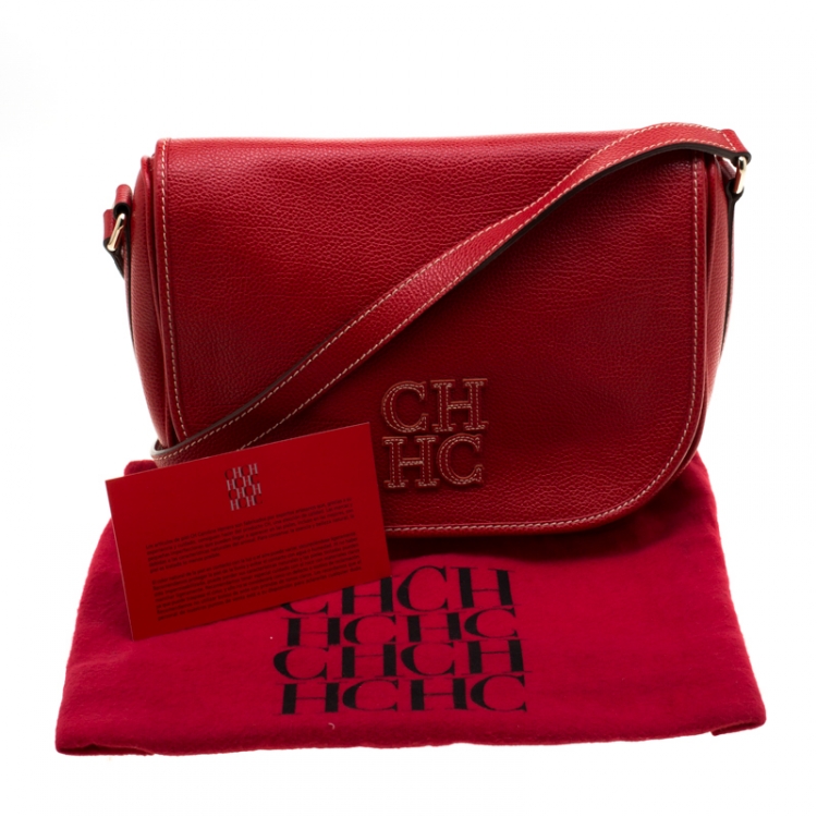 Pre Owned Carolina Herrera Red Leather Flap Crossbody Bag