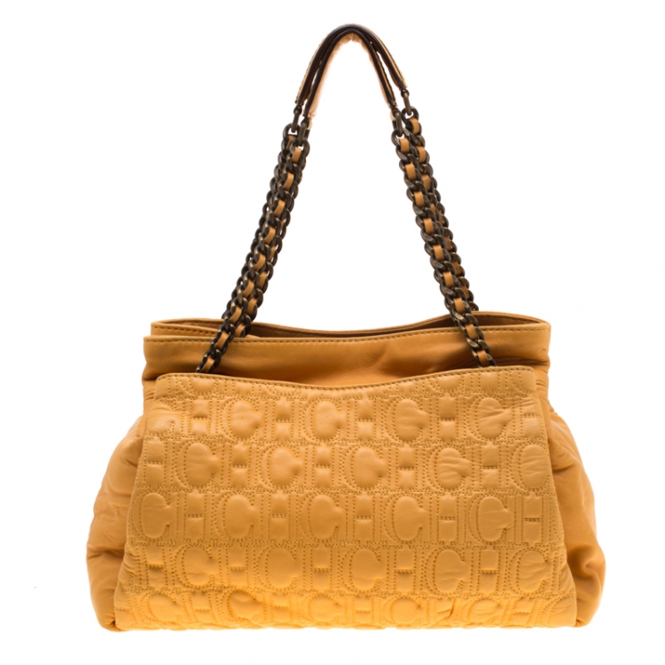 Pre Owned Carolina Herrera Yellow Monogram Leather Chain Tote