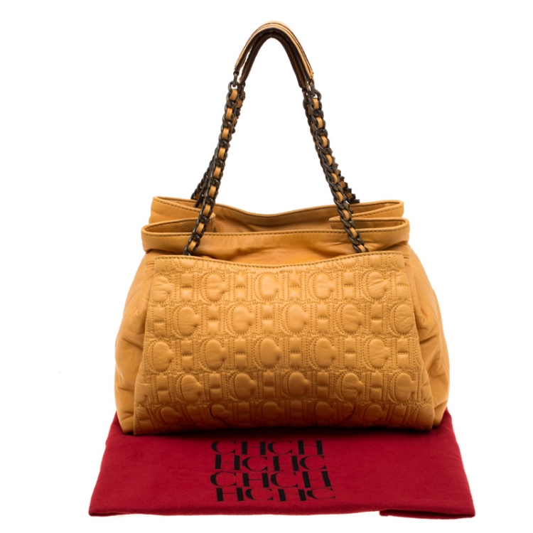 Pre Owned Carolina Herrera Yellow Monogram Leather Chain Tote