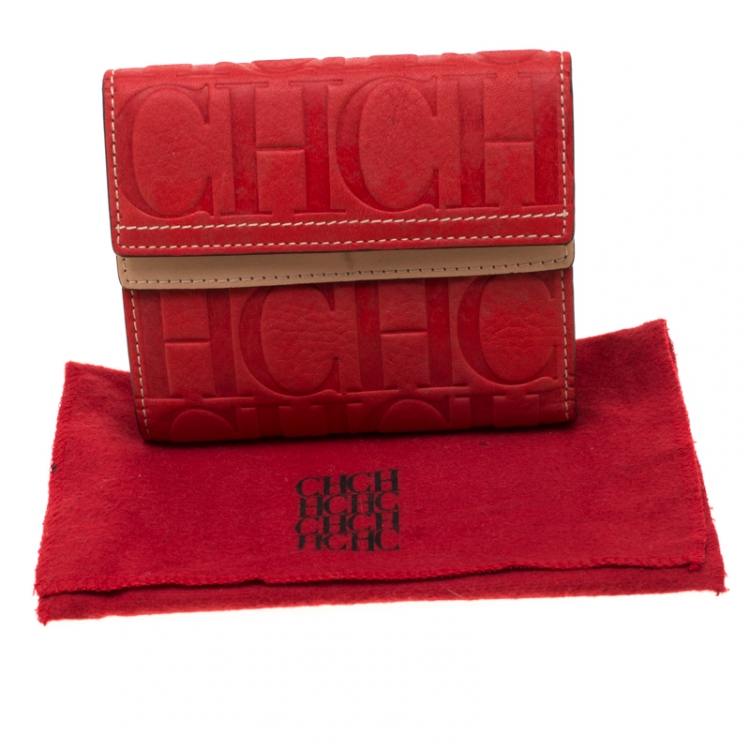 Pre Owned Carolina Herrera Red Monogram Leather Wallet