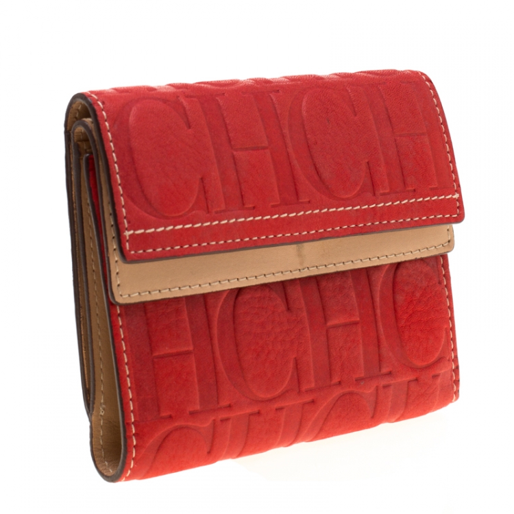 Pre Owned Carolina Herrera Red Monogram Leather Wallet