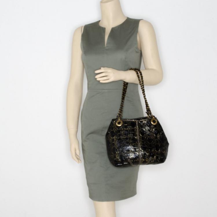 Pre Owned Carolina Herrera Small Black Monogram Chain Handle Tote