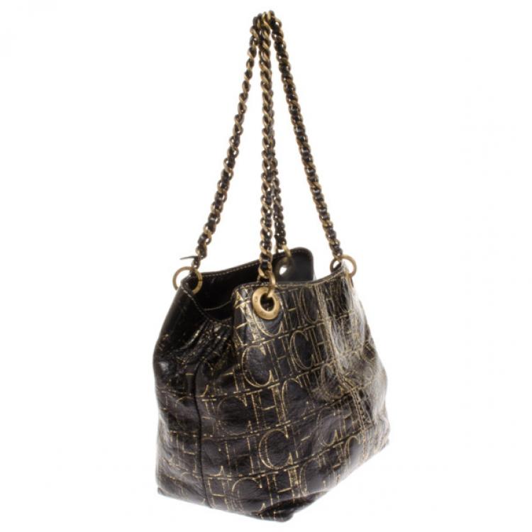 Pre Owned Carolina Herrera Small Black Monogram Chain Handle Tote