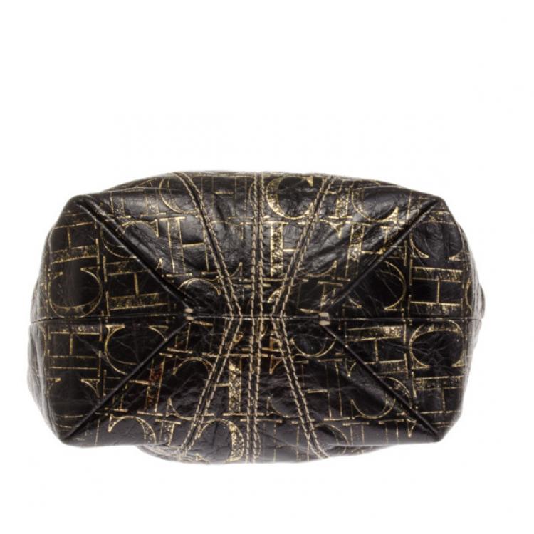 Pre Owned Carolina Herrera Small Black Monogram Chain Handle Tote