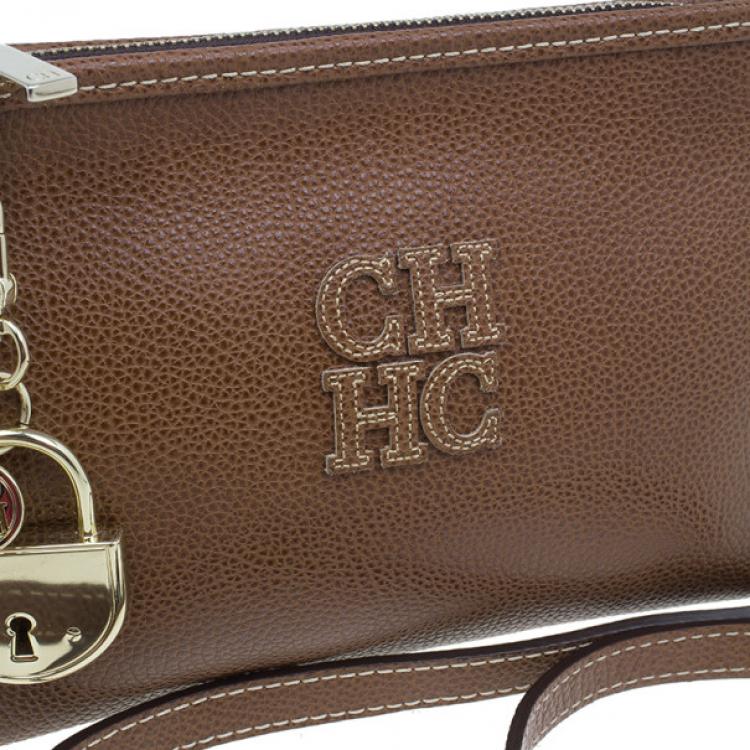 Pre Owned Carolina Herrera Brown Leather Logo CH Crossbody Bag