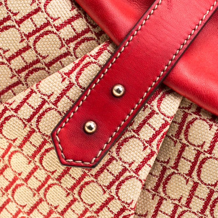 Pre Owned Carolina Herrera Red Canvas and Leather Monogram Hobo