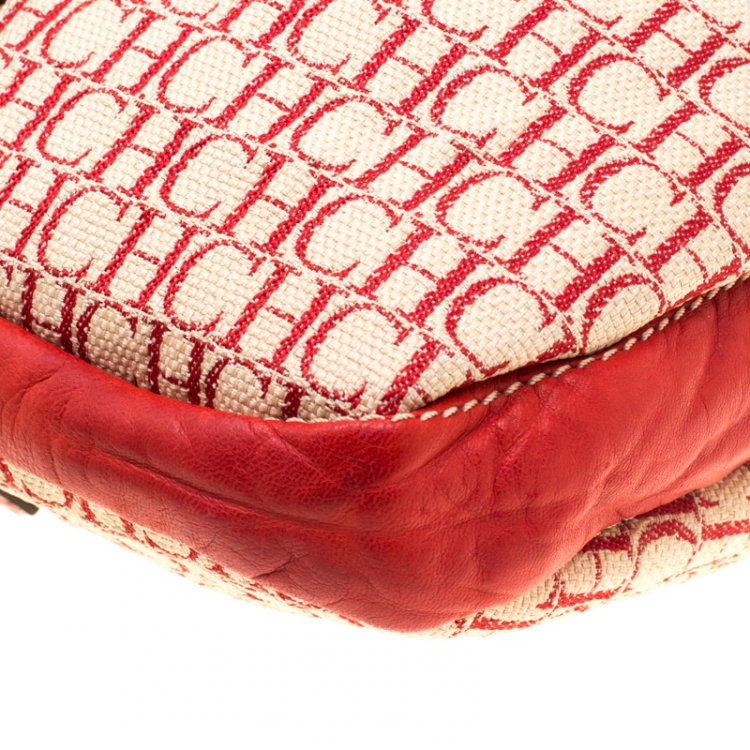 Pre Owned Carolina Herrera Red Canvas and Leather Monogram Hobo