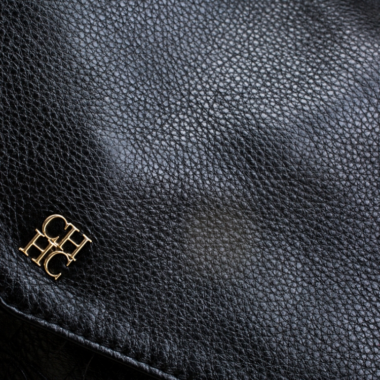 Pre Owned Carolina Herrera Black Monogram Embossed Leather Satchel
