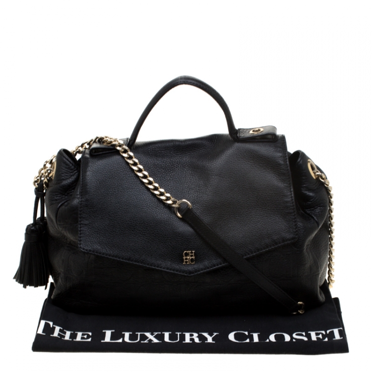 Pre Owned Carolina Herrera Black Monogram Embossed Leather Satchel