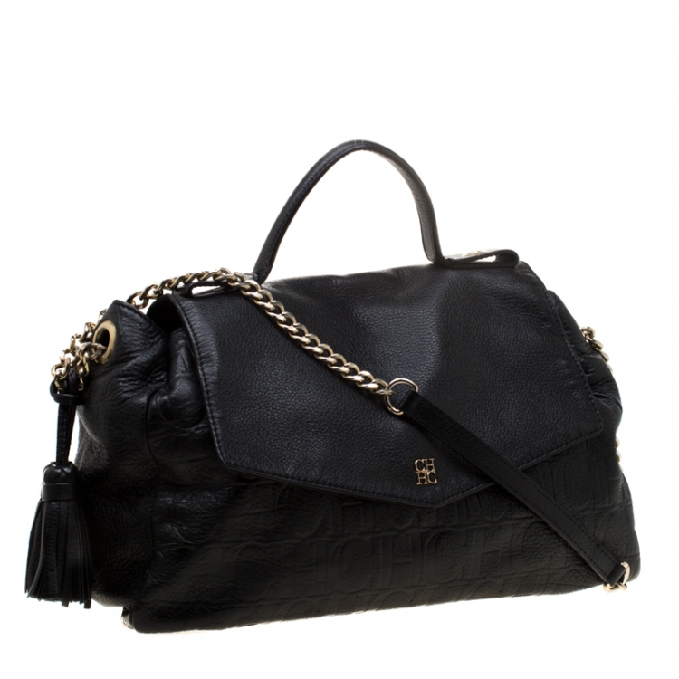 Pre Owned Carolina Herrera Black Monogram Embossed Leather Satchel