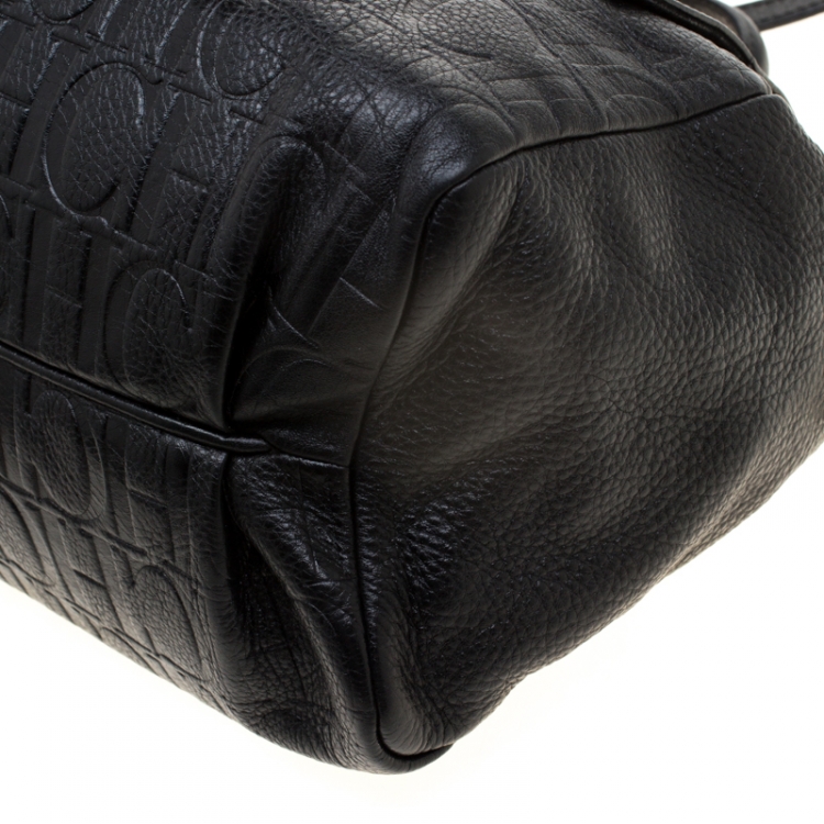 Pre Owned Carolina Herrera Black Monogram Embossed Leather Satchel