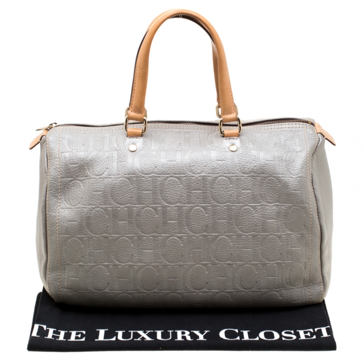 Pre Owned Carolina Herrera Metallic Grey Leather Large Andy Boston Bag