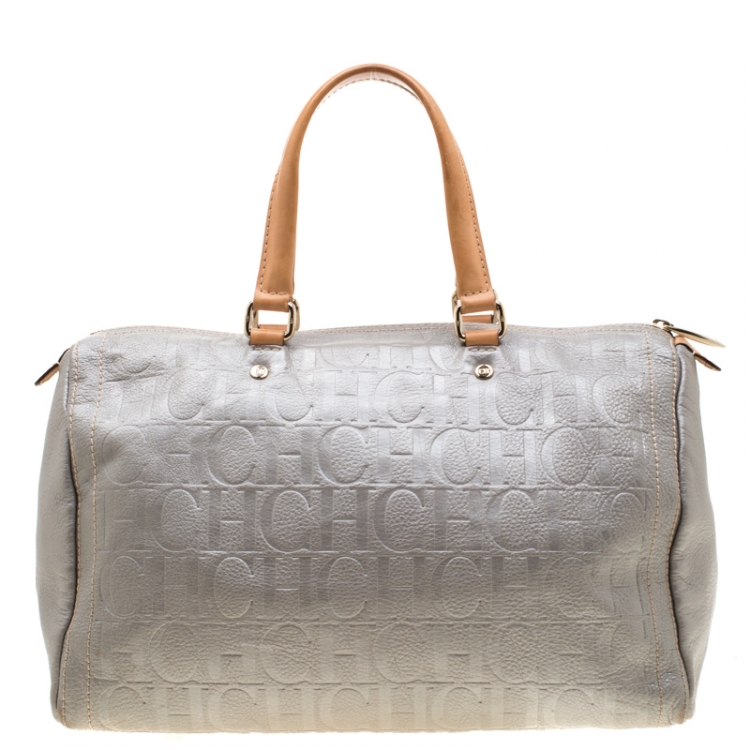 Pre Owned Carolina Herrera Metallic Grey Leather Large Andy Boston Bag