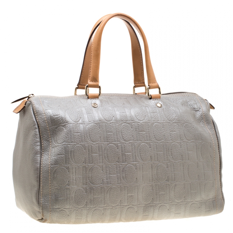 Pre Owned Carolina Herrera Metallic Grey Leather Large Andy Boston Bag