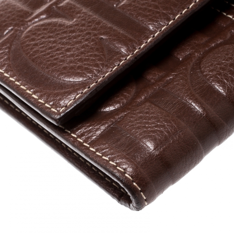 Pre Owned Carolina Herrera Brown Monogram Leather Tri Fold Compact Wallet