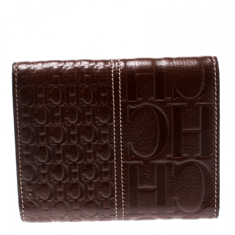 Pre Owned Carolina Herrera Brown Monogram Leather Tri Fold Compact Wallet