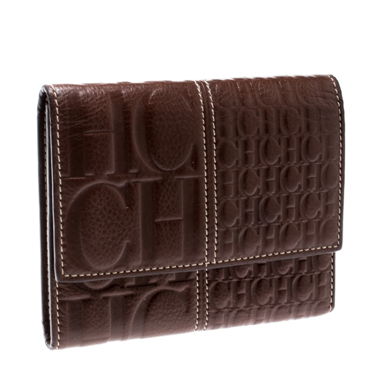 Pre Owned Carolina Herrera Brown Monogram Leather Tri Fold Compact Wallet