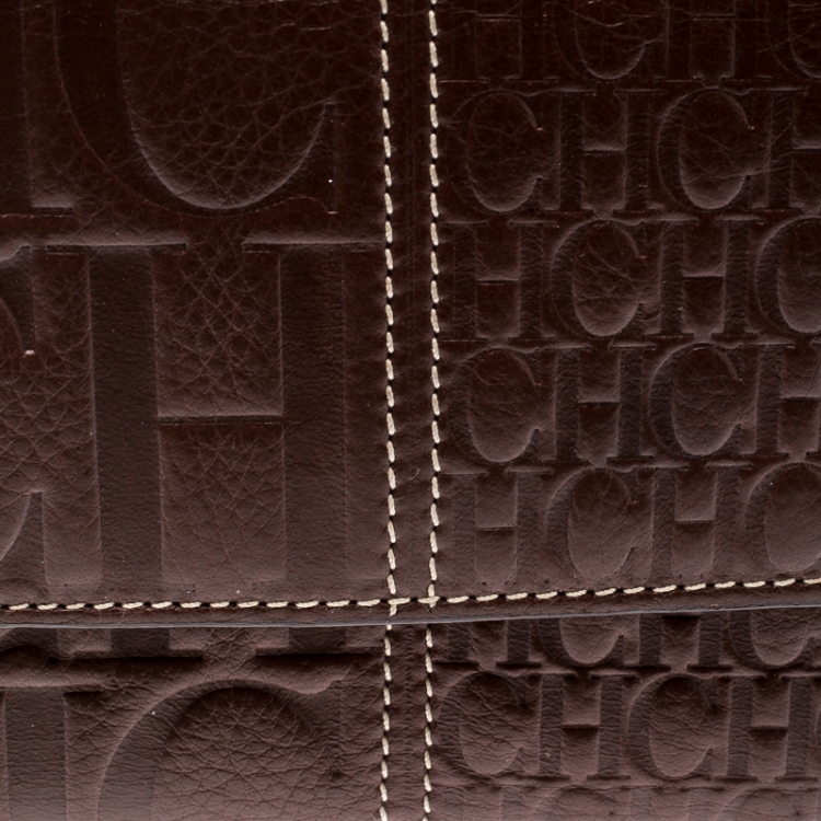 Pre Owned Carolina Herrera Brown Monogram Leather Tri Fold Compact Wallet