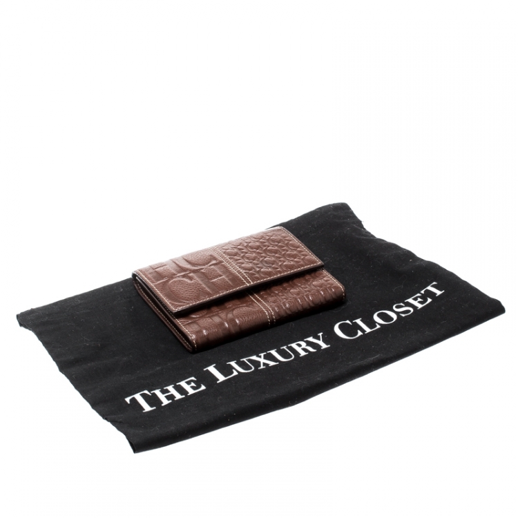 Pre Owned Carolina Herrera Brown Monogram Leather Tri Fold Compact Wallet