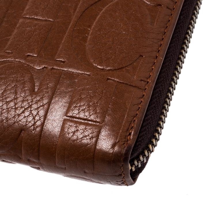 Pre Owned Carolina Herrera Brown Monogram Leather Zip Around Wallet