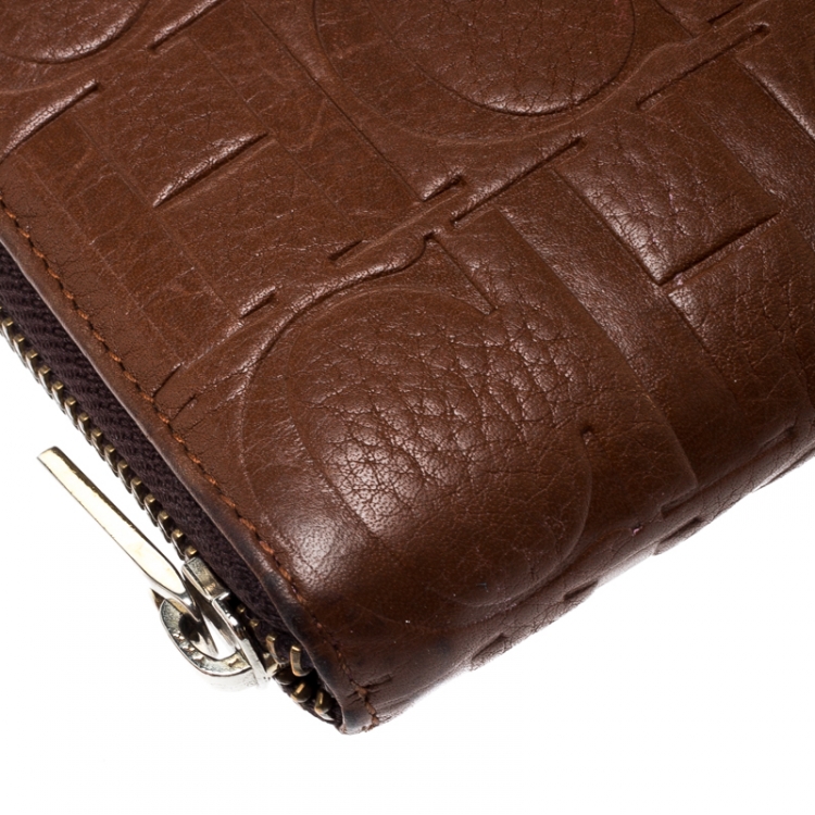 Pre Owned Carolina Herrera Brown Monogram Leather Zip Around Wallet