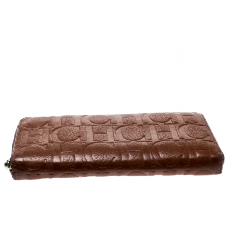 Pre Owned Carolina Herrera Brown Monogram Leather Zip Around Wallet