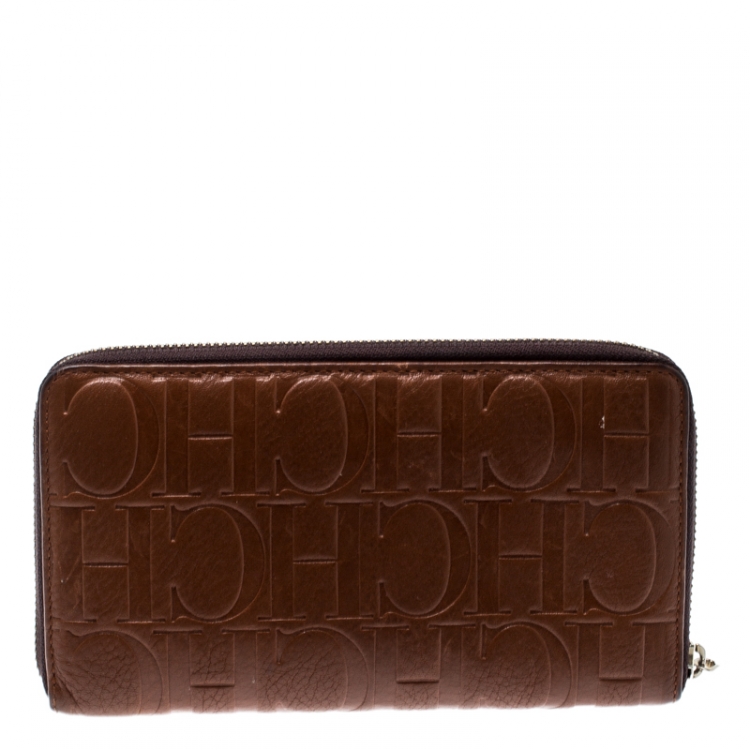 Pre Owned Carolina Herrera Brown Monogram Leather Zip Around Wallet