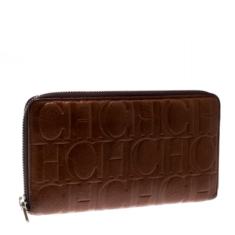Pre Owned Carolina Herrera Brown Monogram Leather Zip Around Wallet