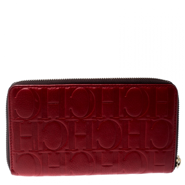 Pre Owned Carolina Herrera Red Monogram Leather Zip Around Wallet