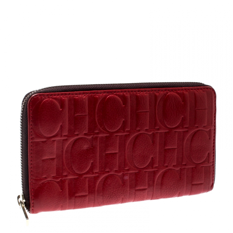 Pre Owned Carolina Herrera Red Monogram Leather Zip Around Wallet